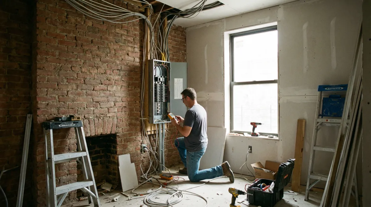 Electricista inspeccionando instalación eléctrica durante reforma